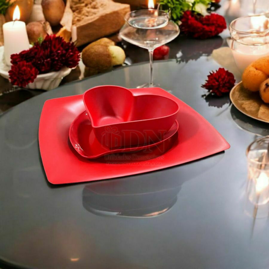 KIT JANTAR ROMANTICO CASAL VERMELHO 2 PRATOS REFEIÇÃO +2 PRATOS SOBREMESA CORAÇÃO +2 CUMBUCA CORAÇÃO