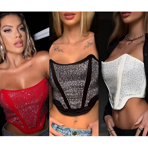 Cropped Corselet Corset Acinturado Branco Brilho Pedraria