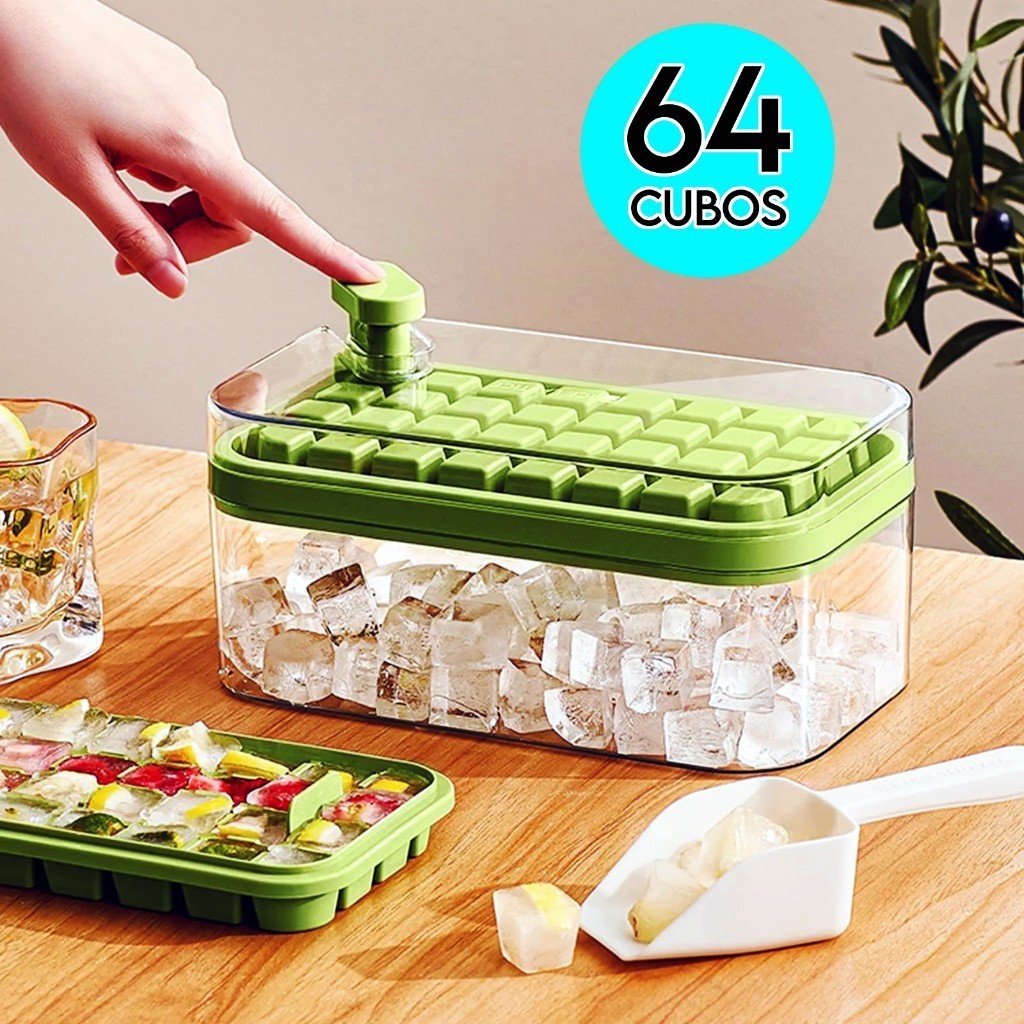 Forma de Gelo Silicone 64 Cubos Molde com Tampa e Dispenser Caixa Dupla Prática