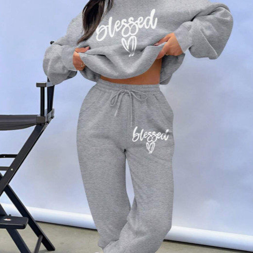 Conjunto Feminino Minimalista Moletom Gola Redonda Calça Moletom Blessed Abençoada Casual Moda