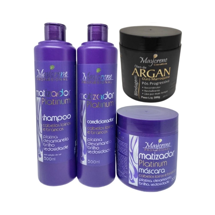Kit Platinum Desamarelador Maycrene Profissional com Máscara de Argan Pós Progressiva 4x500ml