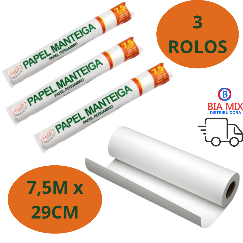 Kit 3 ROLOS Papel Manteiga 29cm X 7,5m Papel Pergamino-Ideal Para Geladeira Forno Freezer microondas