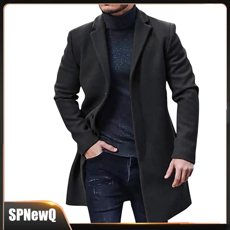 Casaco Masculino De Lã Formal Com Design De Peito Único Homens Elegante Sobretudo Longo