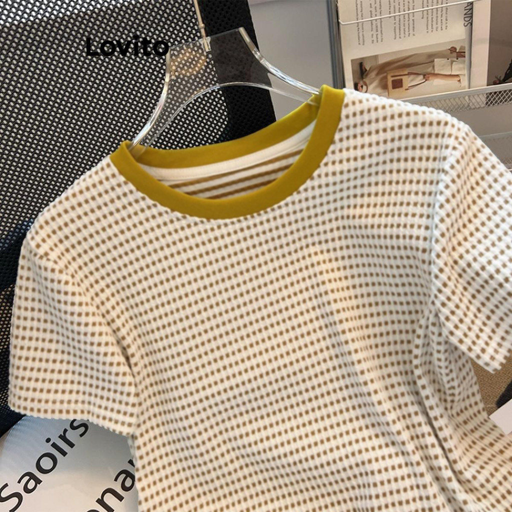 (Trendy) Lovito Camiseta Casual Xadrez Colorblock Para Mulheres LNE70328 em Oferta na Shopee