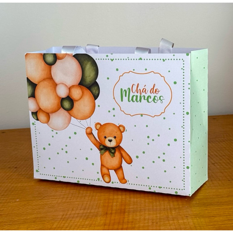 Kit Sacolinhas Surpresa CHÁ DE BEBÊ URSINHO VERDE - Personalizada - Pegue e Monte - Lembrancinha Festa