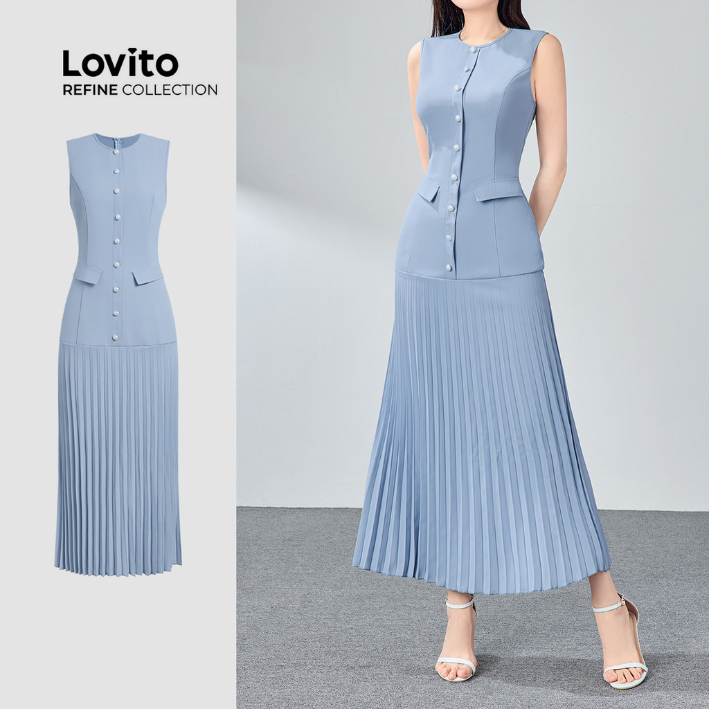 (Lovito Refine) Vestido Elegante Liso Plissado Primavera/Verão Azul Para Mulheres LR11ED057 - Women Clothes