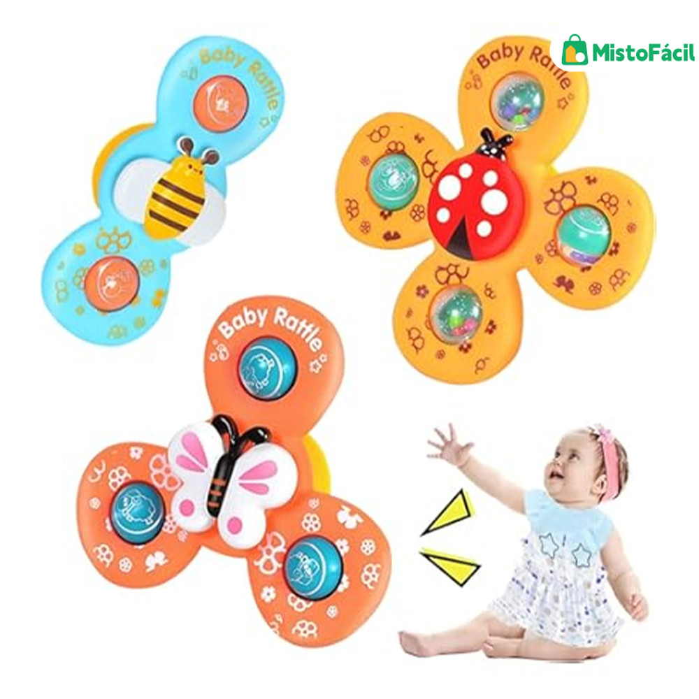 Kit 3 Brinquedos Sensoriais com Ventosa para Bebê - Gira Spinner Estímulo ao Movimento