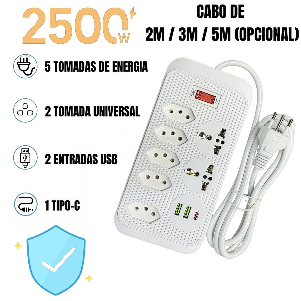 Extensão Elétrica 5 Tomadas Bivolt com 2 Universal 2 USB 1 Tipo-C,Cabo 2/3/5m – Prática e Segura