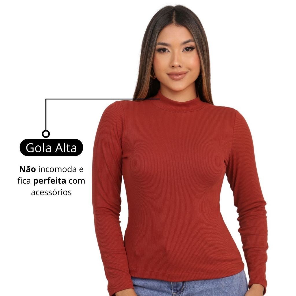 Blusa Feminina Canelada Cacharrel Gola Alta Manga Comprida Longa Segunda Pele Básica Moda Outono Inverno Frio