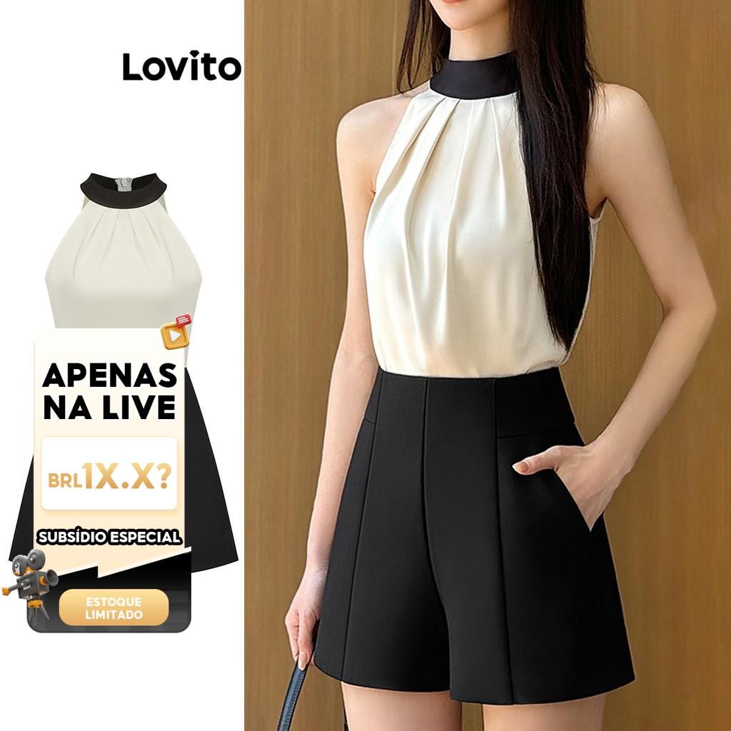 (KOL‘s pick) Lovito Macacão Casual Liso Plissado Colorblock Para Mulheres L95ED050 - Women Clothes