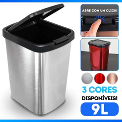 Lixeira Cesto Inox Metalizado 09 Litros Tampa Click Label Vermelho Rose Banheiro Cozinha - DESCONTO