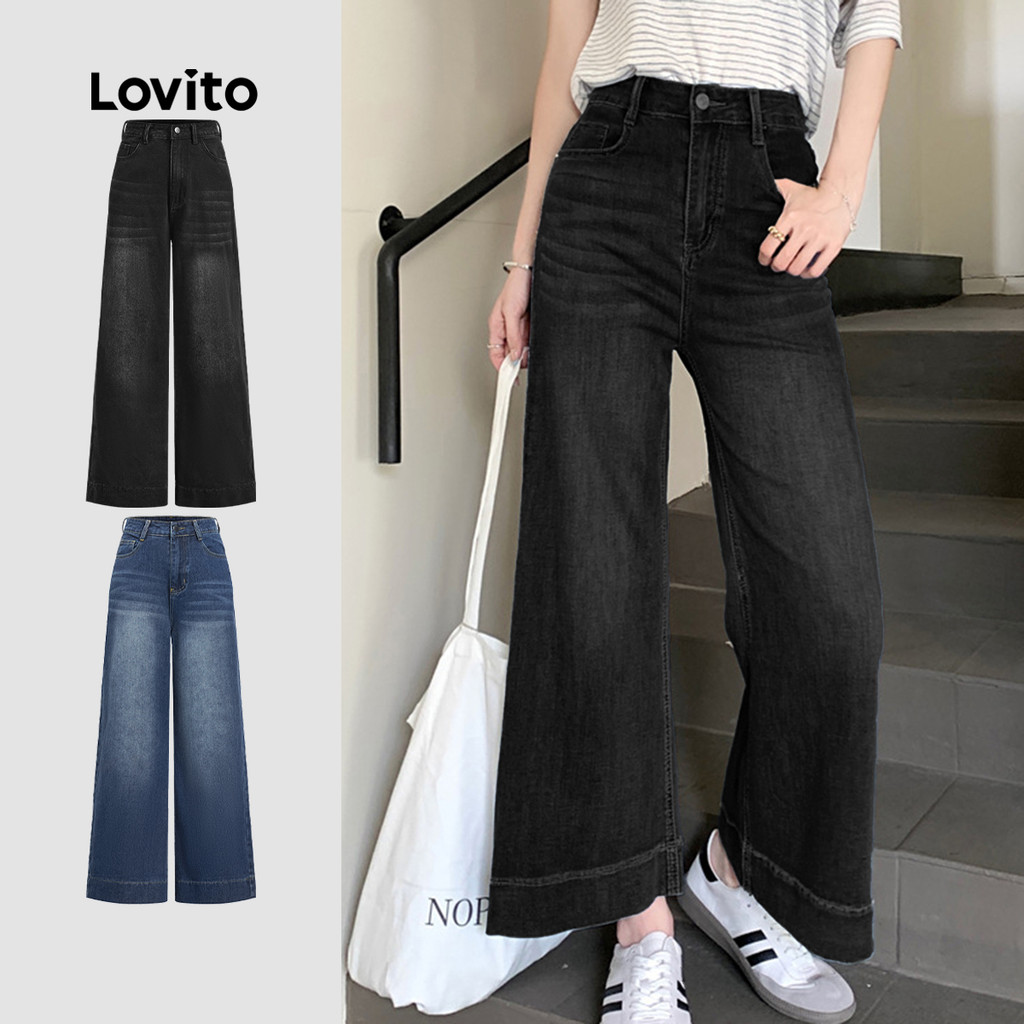 Lovito Calça Jeans Feminina Casual Bolso Liso Cat's Whiskers Jeans Para Todas As Estações L102AD460 em Oferta na Shopee