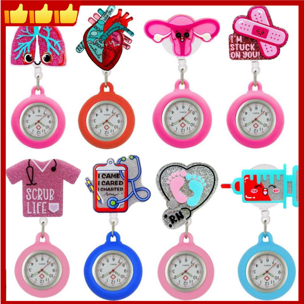 Relógio De Bolso Retrátil Com Glitter De Desenho Animado Para Enfermeiras Médicos Clip-on Pendurado Lapela Enfermeira Fo em Oferta na Shopee