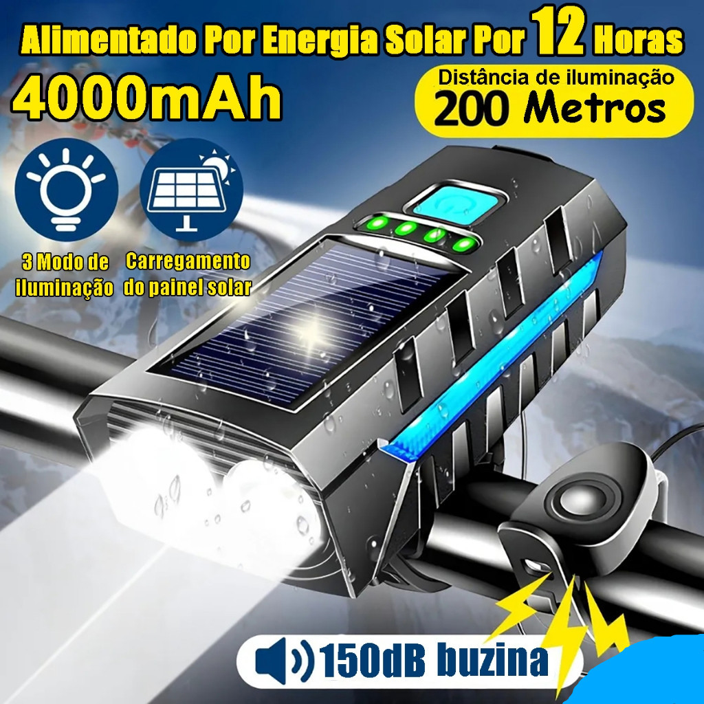 Kit Lanterna Bike Solar com Buzina e Power Bank 12 Horas Recarregável À Prova D'Água Farol Bicicleta — R$ 45,99 em Shopee