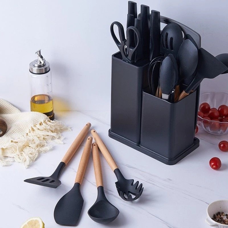 Imagem Kit Completo Jogo Utensílios de Cozinha Luxo 19 Peças Com Tábua em Silicone Espátula Faca Tesoura