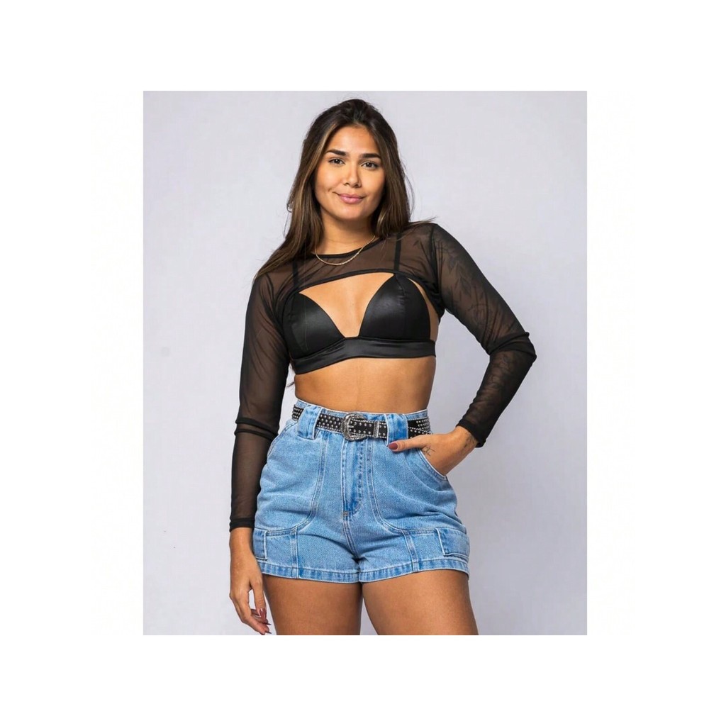 Cropped Blusa Curta Sobreposição Em Tule Renda Transparente / Manga Longa