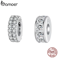 Bamoer 925 Prata Esterlina Pingente Espumante Quadrado Diamante Silicone Espaçador Grânulo Pulseira Moda Anti-Alérgico J
