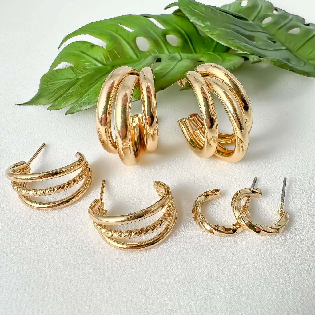 KIT 3 Pares de Brinco Banhado a Ouro 18k e Prata 925 Argola Delicado Simples