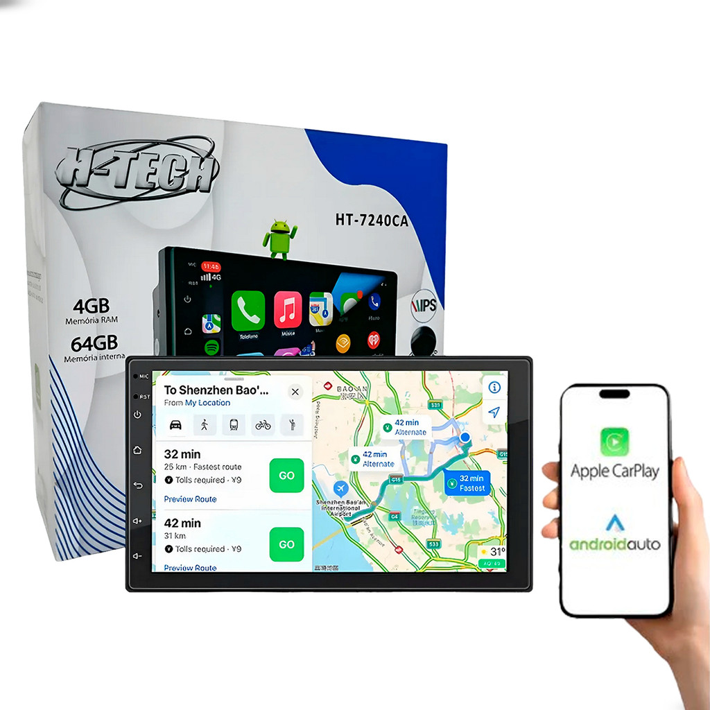 Central Multimídia H-Tech HT-7240CA  2 din 7" IPS 4GB RAM 64GB CarPlay Android Auto Sem Fio GPS WIFI Bluetooth em Oferta na Shopee