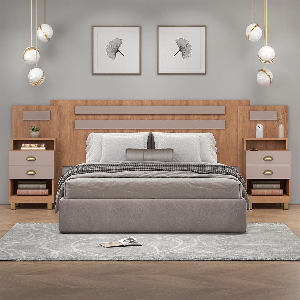 Conjunto de Cabeceira Casal com 2 Mesas de Apoio Duna 4 GV Mel e Fendi - Home & Living