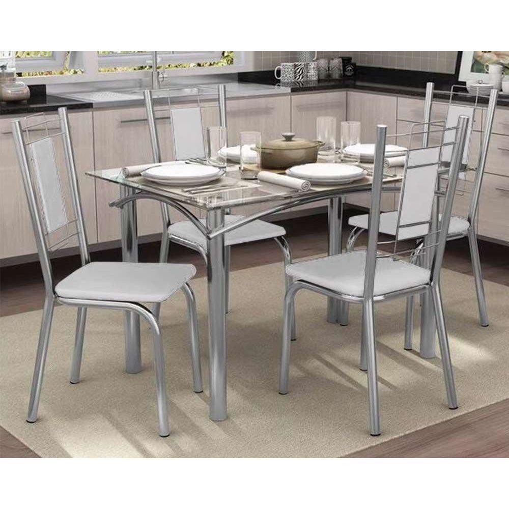 Sala de Jantar Completa Elba Aço c/ Tampo de Vidro 120x80cm e 4 Cadeiras Florença Cromada - Courano Branco - Kappesberg em Oferta na Shopee