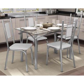Sala de Jantar Completa Elba Aço c/ Tampo de Vidro 120x80cm e 4 Cadeiras Florença Cromada - Courano Branco - Kappesberg em Oferta na Shopee