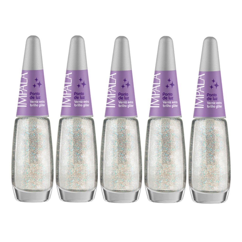 Kit 5 Esmalte Impala Base Unha Verniz Brilho Ponto De Luz