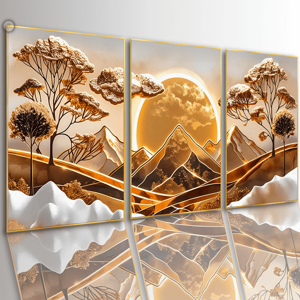 Quadros Decorativos Árvore da Vida Dourada Paisagem Moderna 3 Peças Sala Quarto