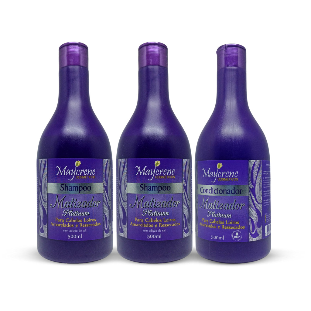 Kit Matizador Platinum 2 SHAMPOOS + 1 CONDICIONADOR 3x500ml Maycrene - Para Cabelos Loiros, Grisalhos e Platinados em Oferta na Shopee