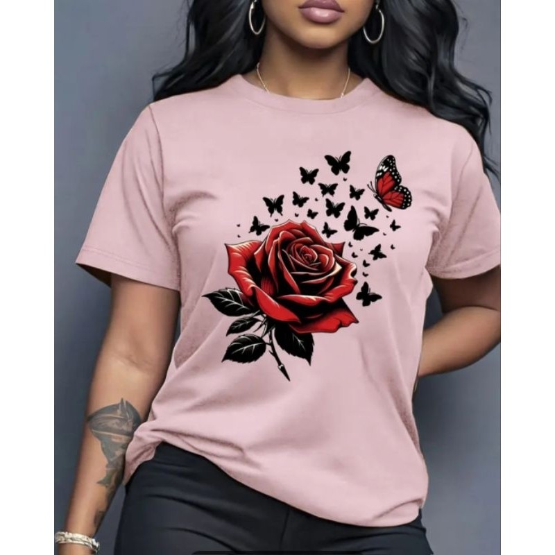 Camisa Feminina Camiseta Algodão Estampa Rosa Borboletas Envio Imediato