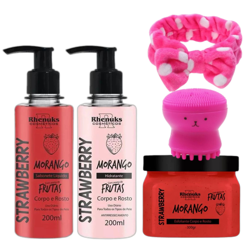 KIT SABONETE LÍQUIDO + ESFOLIANTE + HIDRATANTE CORPORAL - Morango + Faixa Make + Polvo