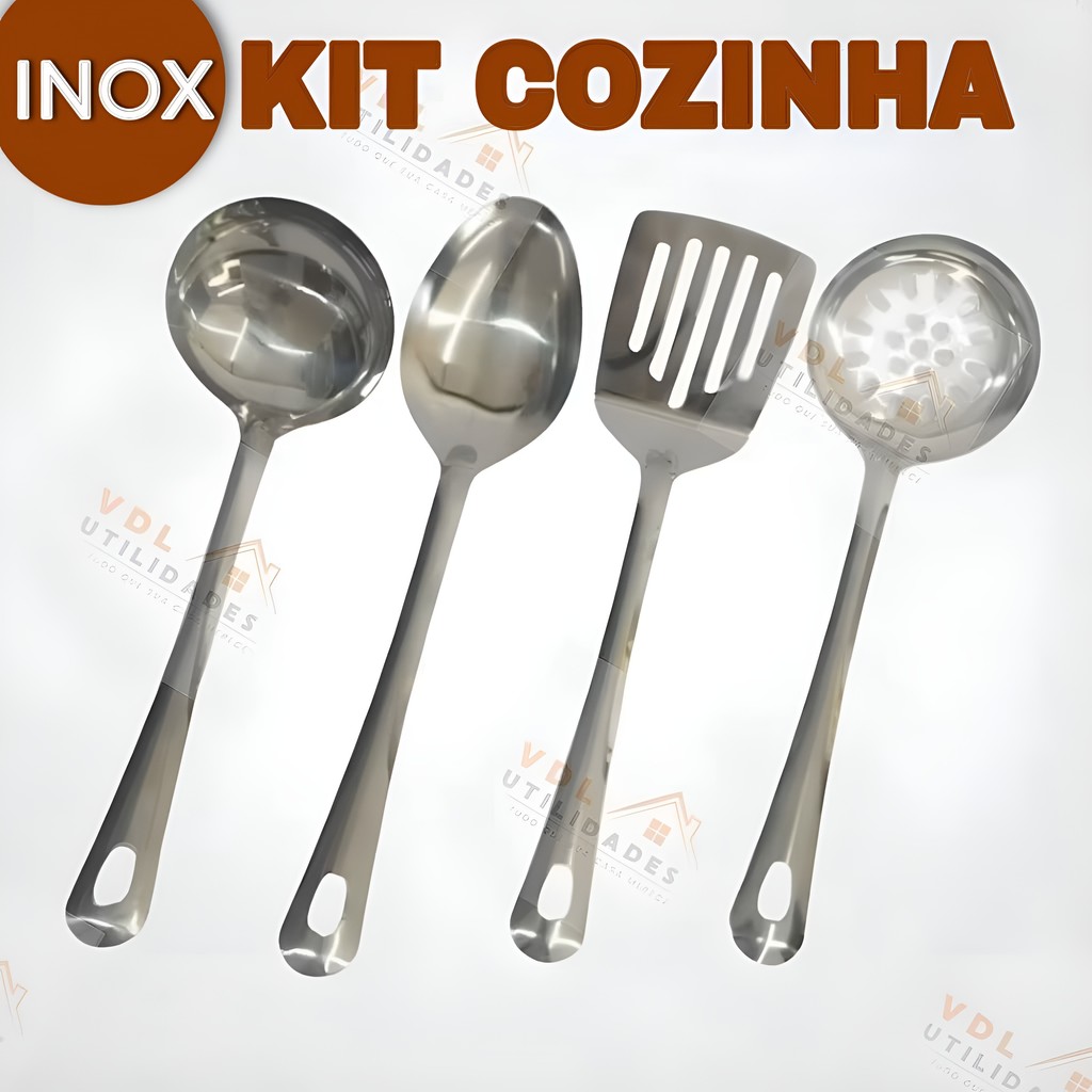 Kit 4 Peças Utilidades INOX para Cozinha Espatula Escumadeira Colher de Arroz Concha Comida Cozinha