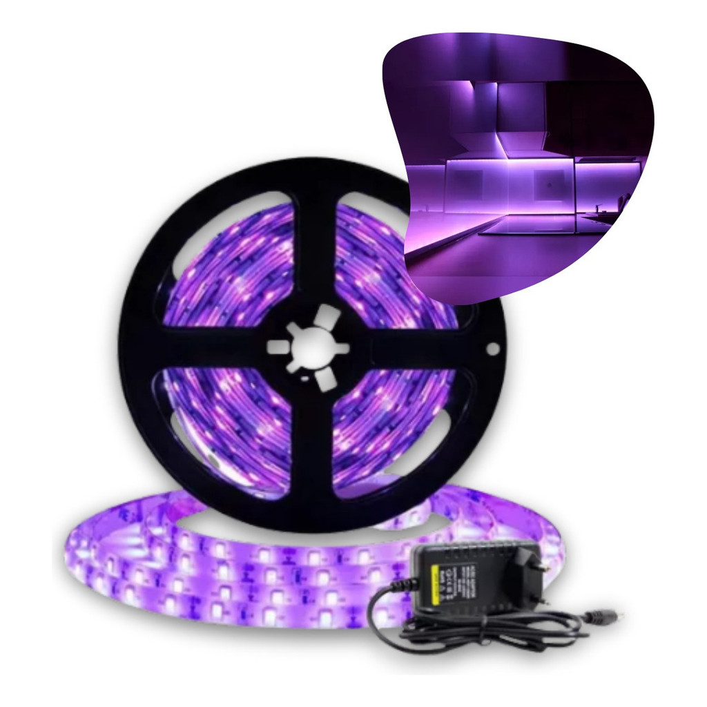 Fita Led Luz Negra Uv Ultravioleta 5 Metros Aquário 5050 60smd 12V IP20 com Fonte 3A 36w 12v Bivolt