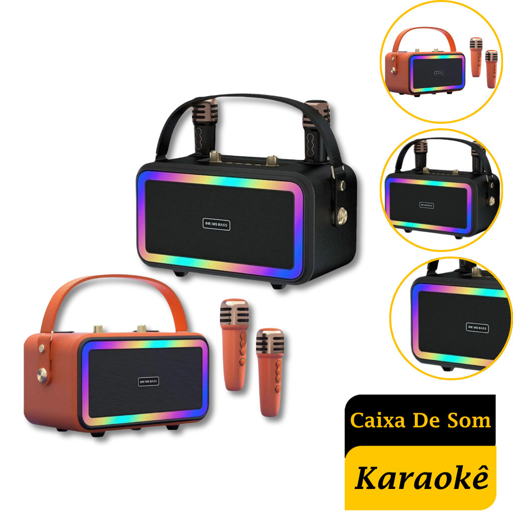 Caixa De Som Karaokê Portátil Rgb C/microfones Efeito De Voz