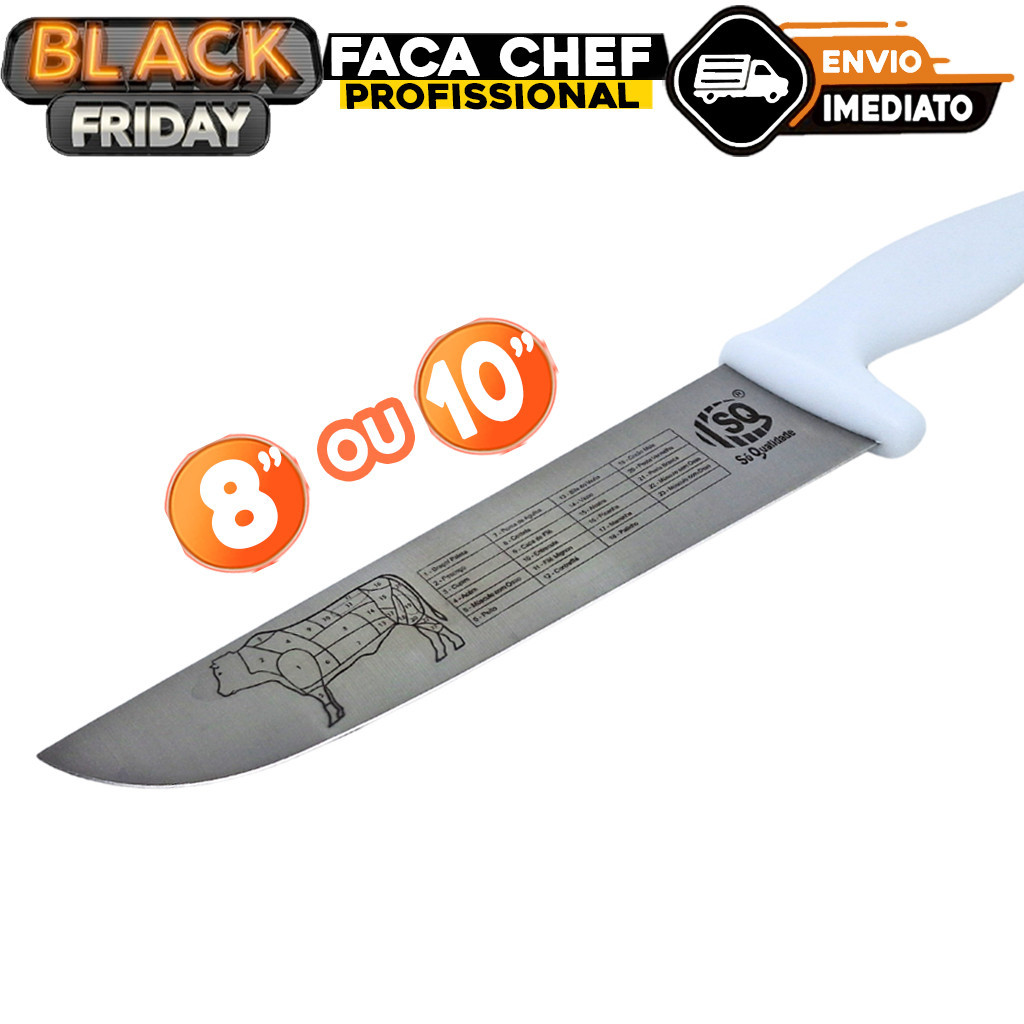 Faca Carne Chef Aço Cabo Branco 8'' ou 10" Profissional Churrasco Entre as melhores facas de cozinha