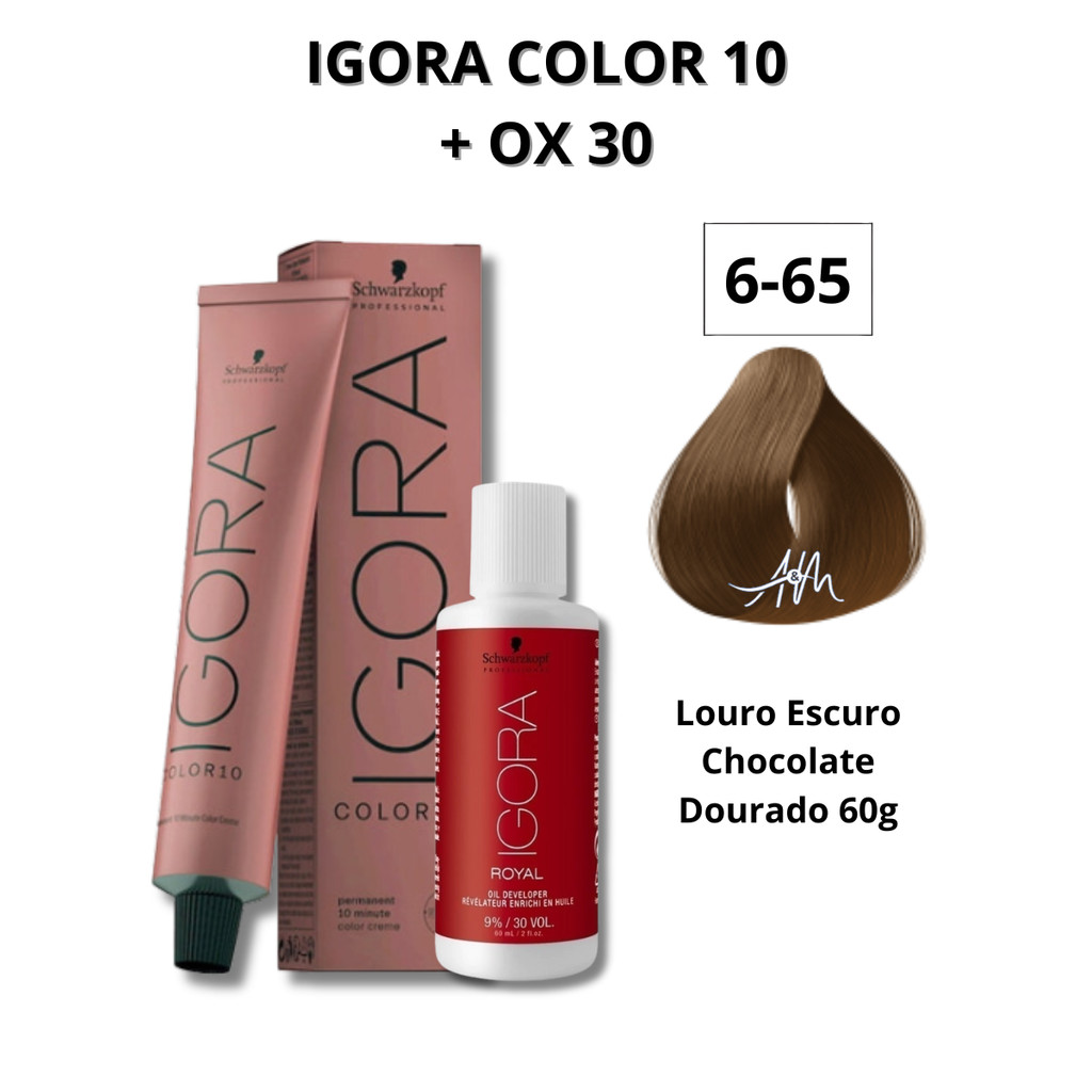 Kit Coloração Igora Color 10 6-65 Louro Escuro Marrom Dourado 60g + Ox Igora Royal 30 Vol 60ml