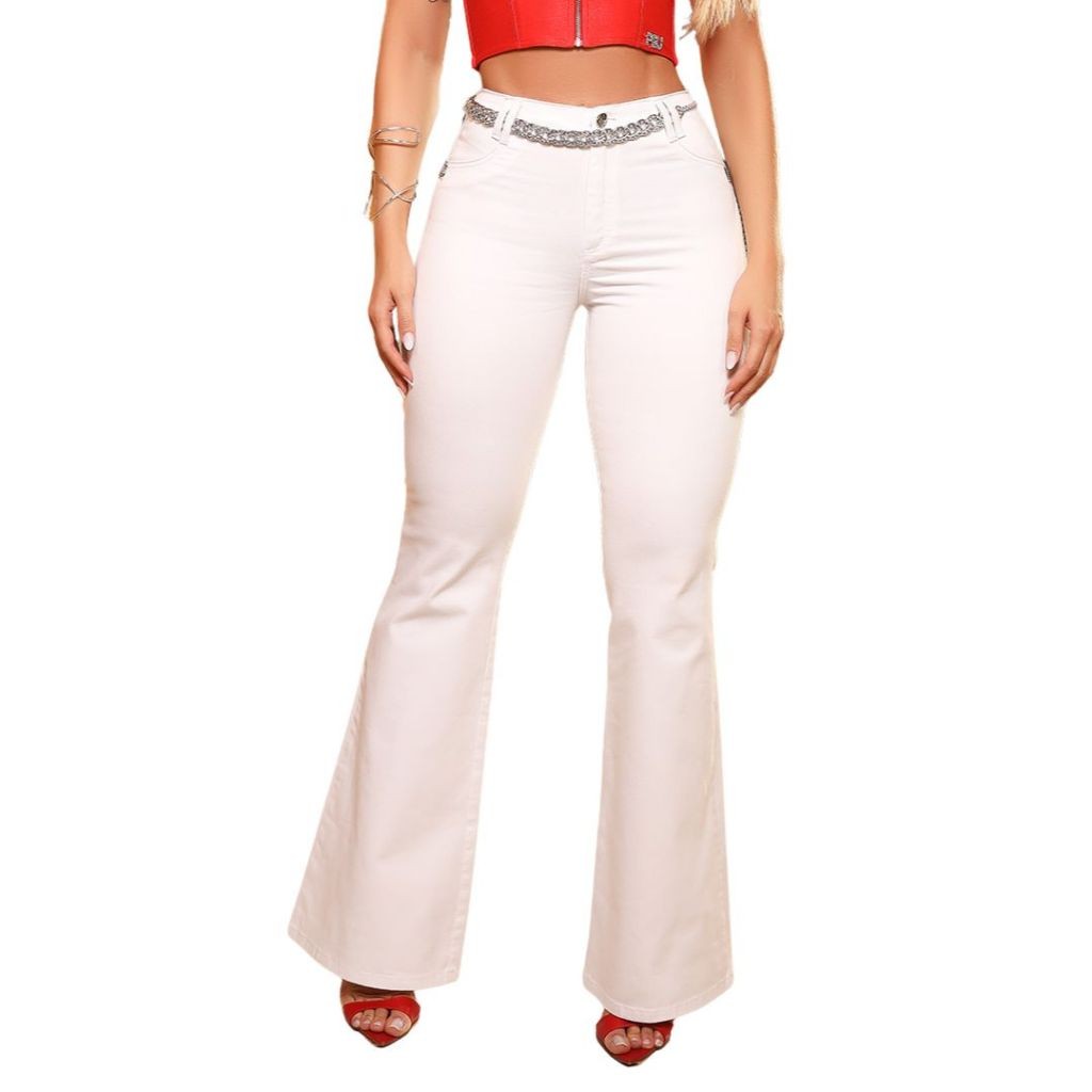 Calça Flare Pit Bull Jeans Branca com Cinto - 83073