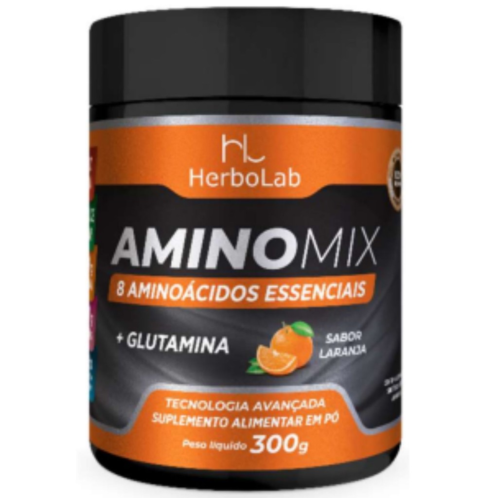 AMINOMIX - 8 Aminoácidos essenciais BCAAs + Glutamina em pó Super concentrado Sabor laranja