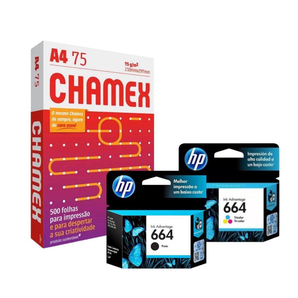 Kit 2 Cartucho HP 664 Preto e Colorido + Resma de Papel Sulfite A4 Chamex