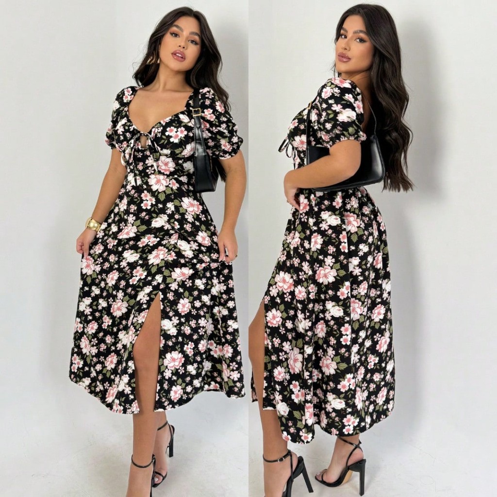 Vestido Feminino Mídi Romântico Estampa Floral | Fenda lateral Laço no Busto |  Moda em Oferta na Shopee