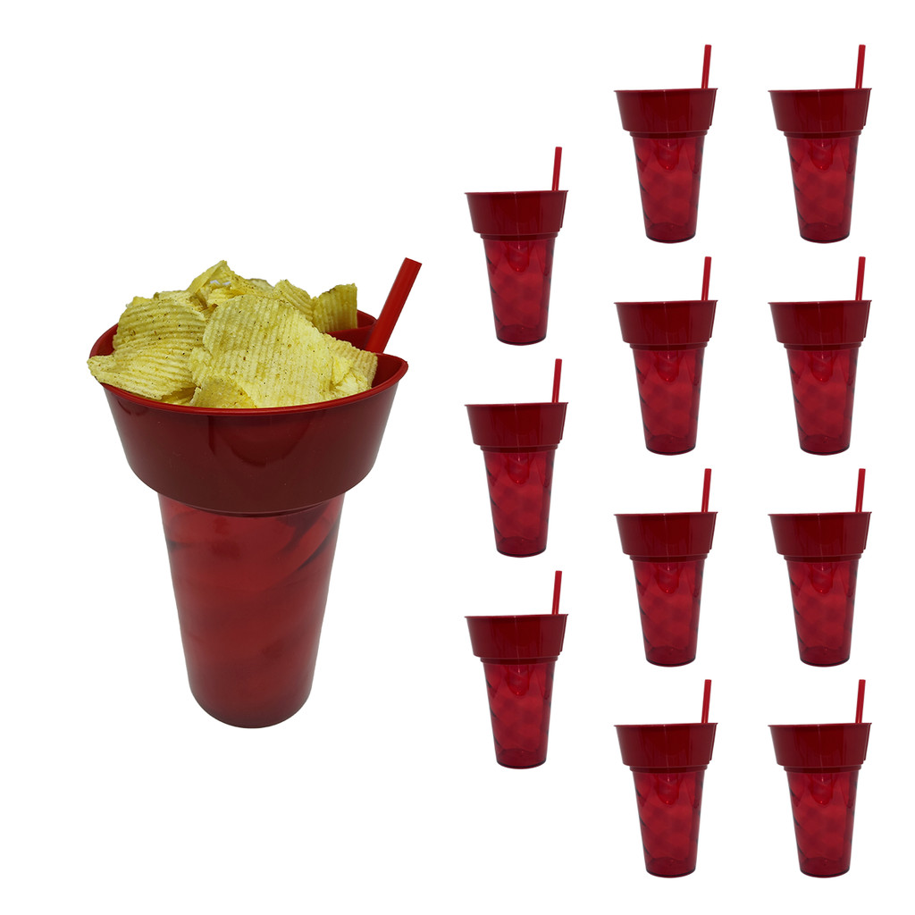 12 Copos Acrílico 700ml Com Porta Petisco 500ml Com Canudo Copo porta Snack Premium