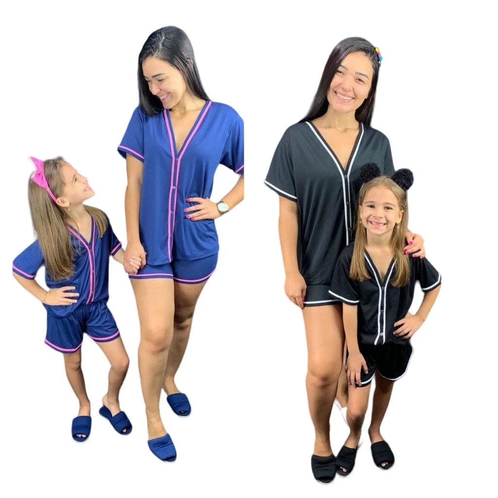 Kit Pijamas Mãe e Filha Americano Verão manga Curta baby dol Conjunto em malha Premium Preto rosa