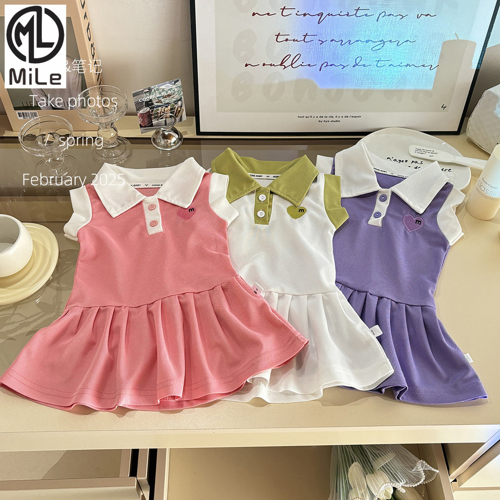 [ML] 80-160 CM Verão Amor polo Vestido Meninas Vestido Sem Mangas Moda Vestido de Princesa Vestido de Manga Curta