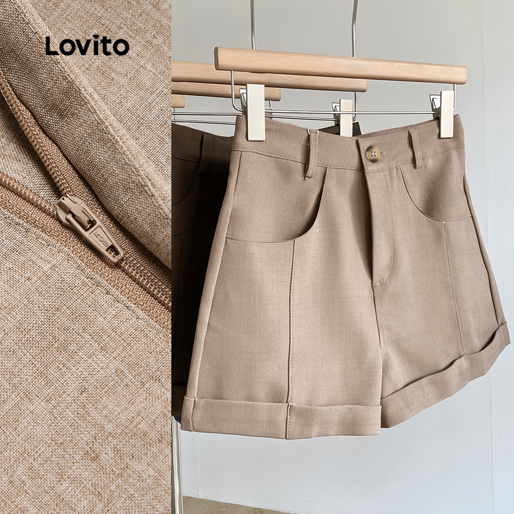 Lovito Short Elegante De Bolso Com Botão Liso Para Mulheres L132ED033 - Women Clothes