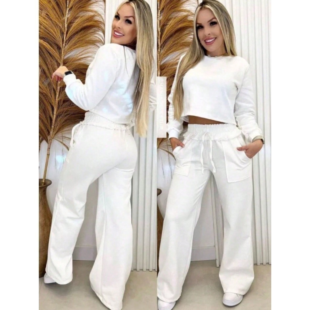 Conjunto Moleton Moletom Feminino Modelo Gringa Branco Bege