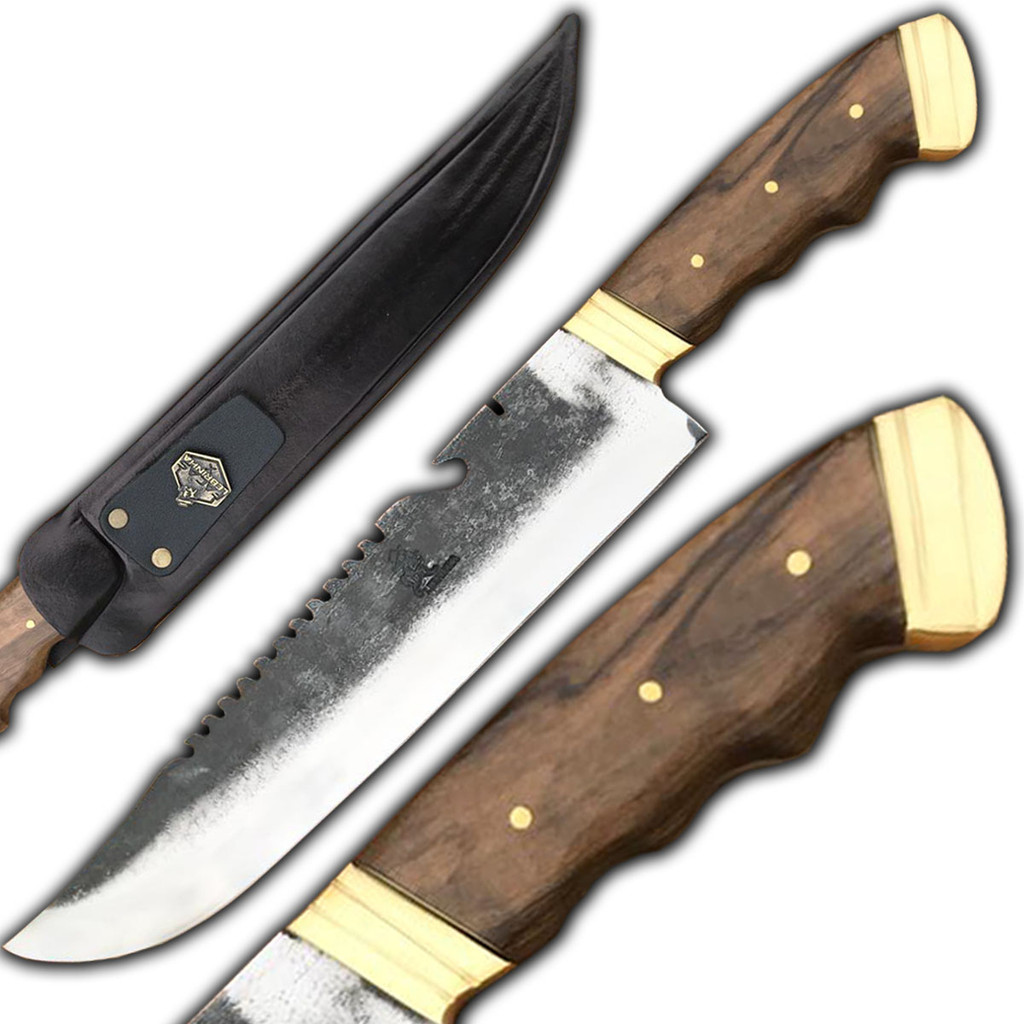 Faca Artesanal Bowie Bushcraft Carbono Bainha Couro 12 Pol