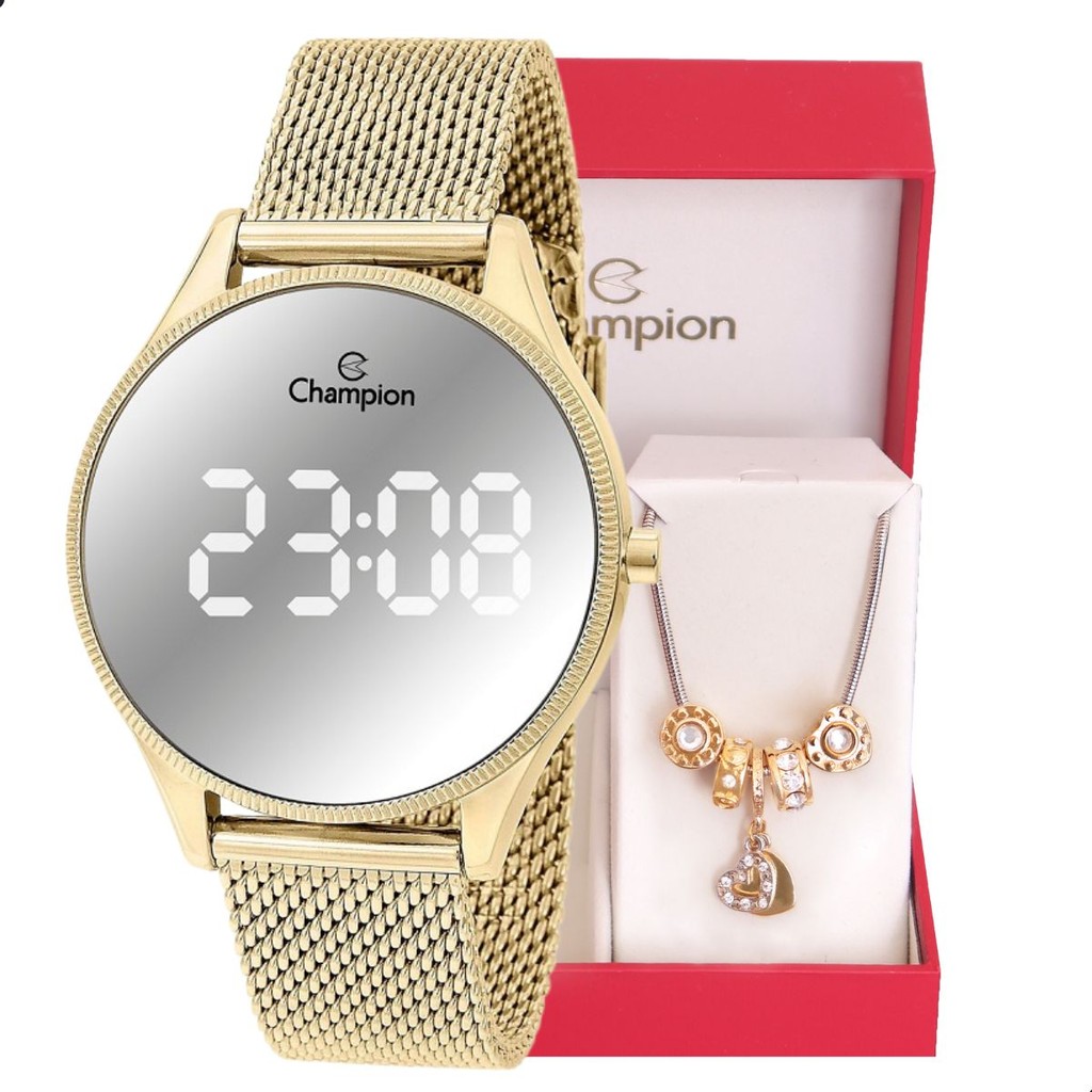 Relógio Feminino Champion Dourado Espelhado Digital CH40137B + Pulseira Berloques em Oferta na Shopee