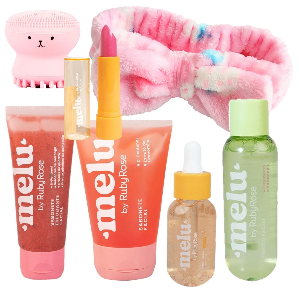 Kit Skincare Hidratante Pêssego Melu by Ruby Rose Cuidado Facial Sabonete Tônico Sérum