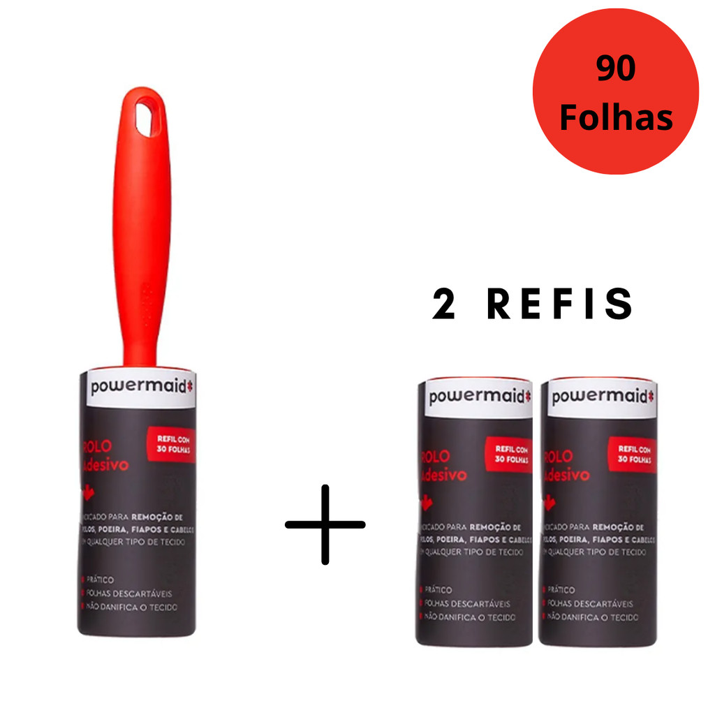Kit Rolo Rolinho Adesivo 90 Folhas Tira Pelos Poeira Cabelos de Roupas Sofá e Tecidos