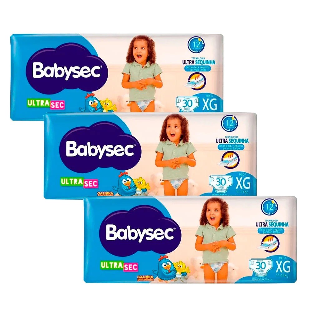 Kit com 3 Pacotes de Fralda Babysec Galinha Pintadinha Babysec Ultrasec Hiper Tamanho XG 30 unidades